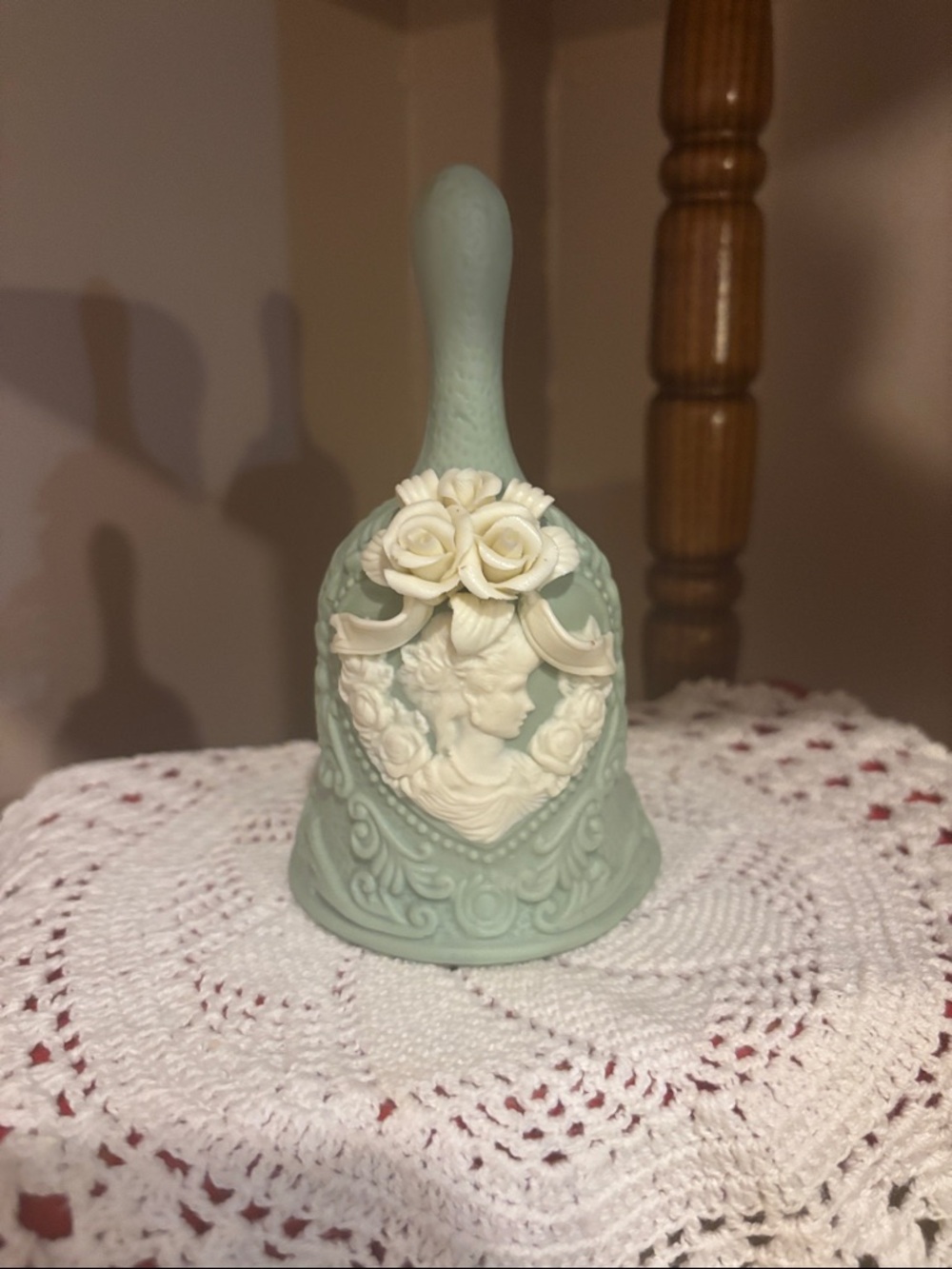 Pastel Green Ceramic Bell with Ivory Cameo and Roses